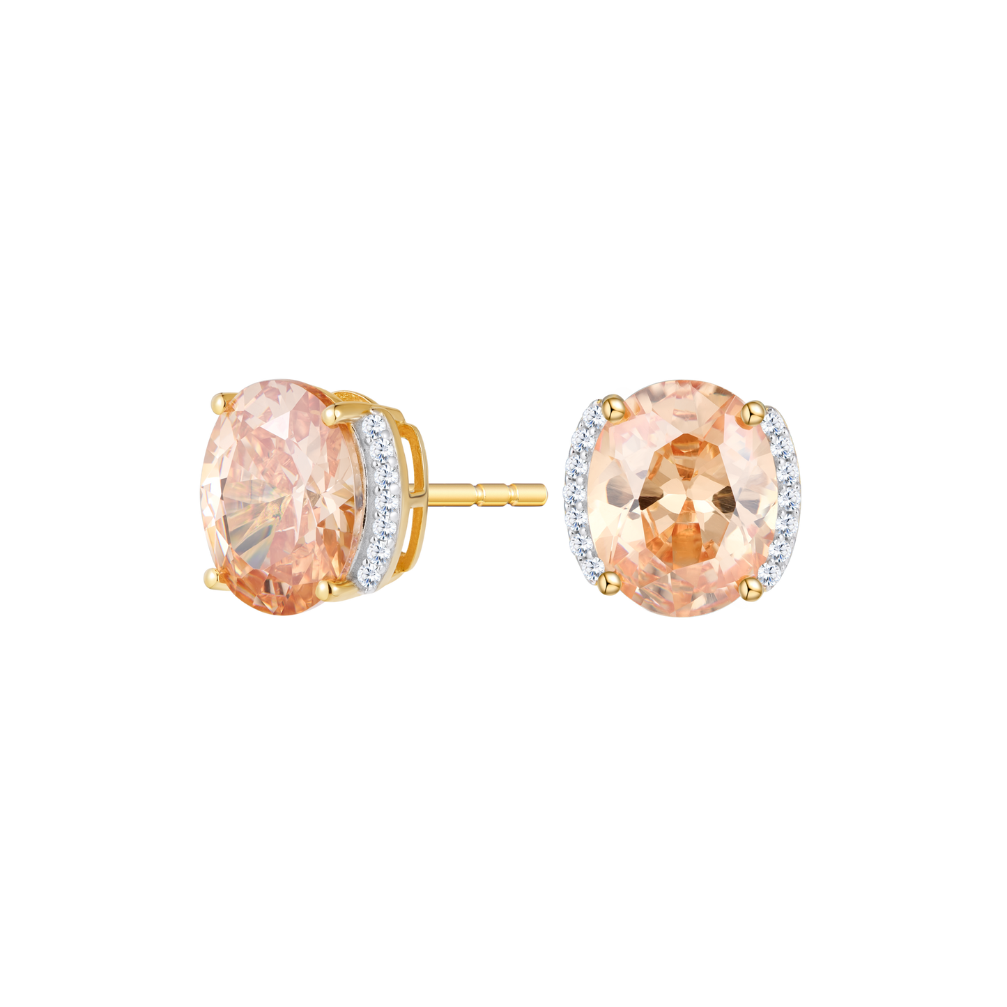 Oval-Cut Lab-Created Padparadscha & Diamond Side Halo Stud Earrings in 14K Yellow Gold | Monte Luna