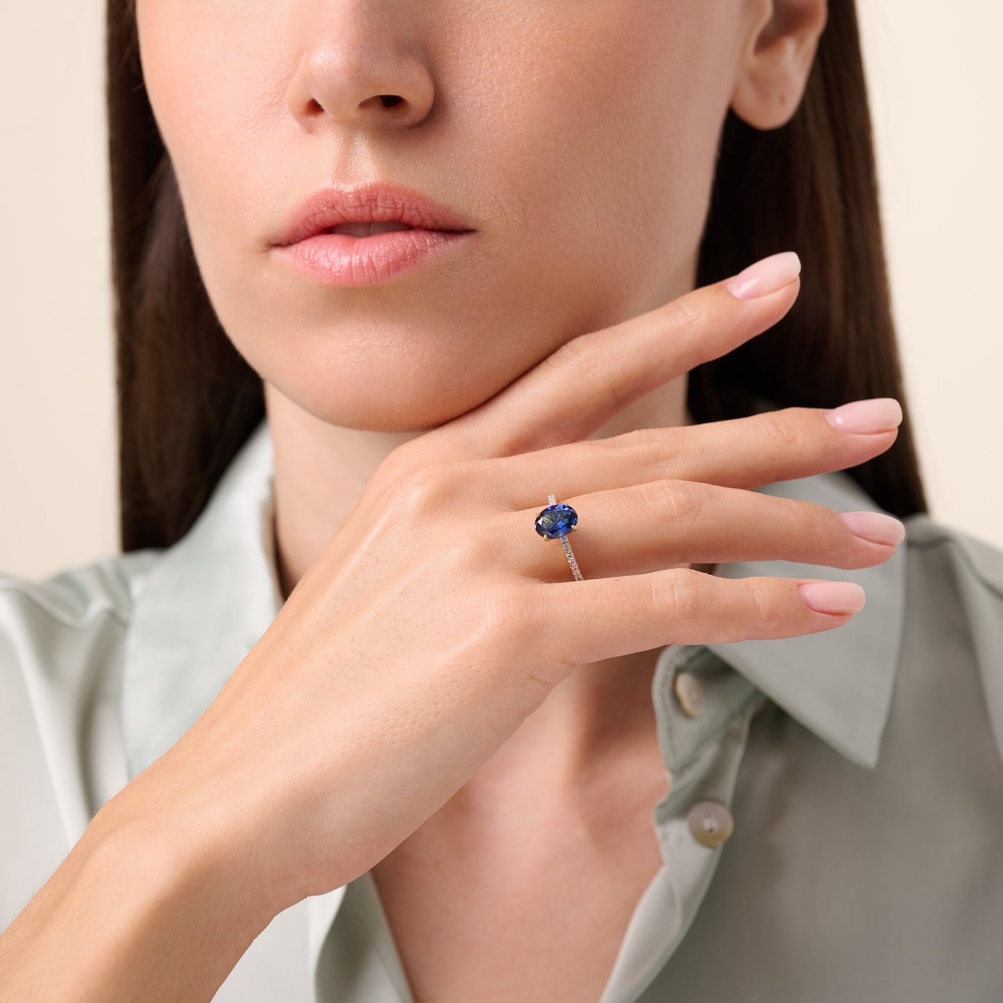 Lab-Created Sapphire Oval Solitaire & Lab-Created Diamond Pave Band Ring in 14K Yellow Gold | Monte Luna