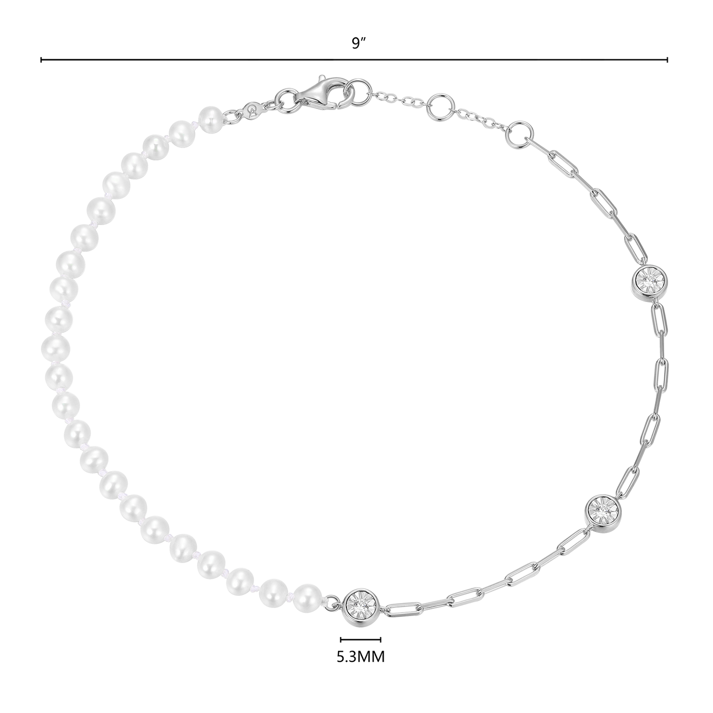 Freshwater Baby Pearl & Lab-Created Diamond Station Paperclip Anklet in Rhodium-Plated Sterling Silver | M by Monte Luna