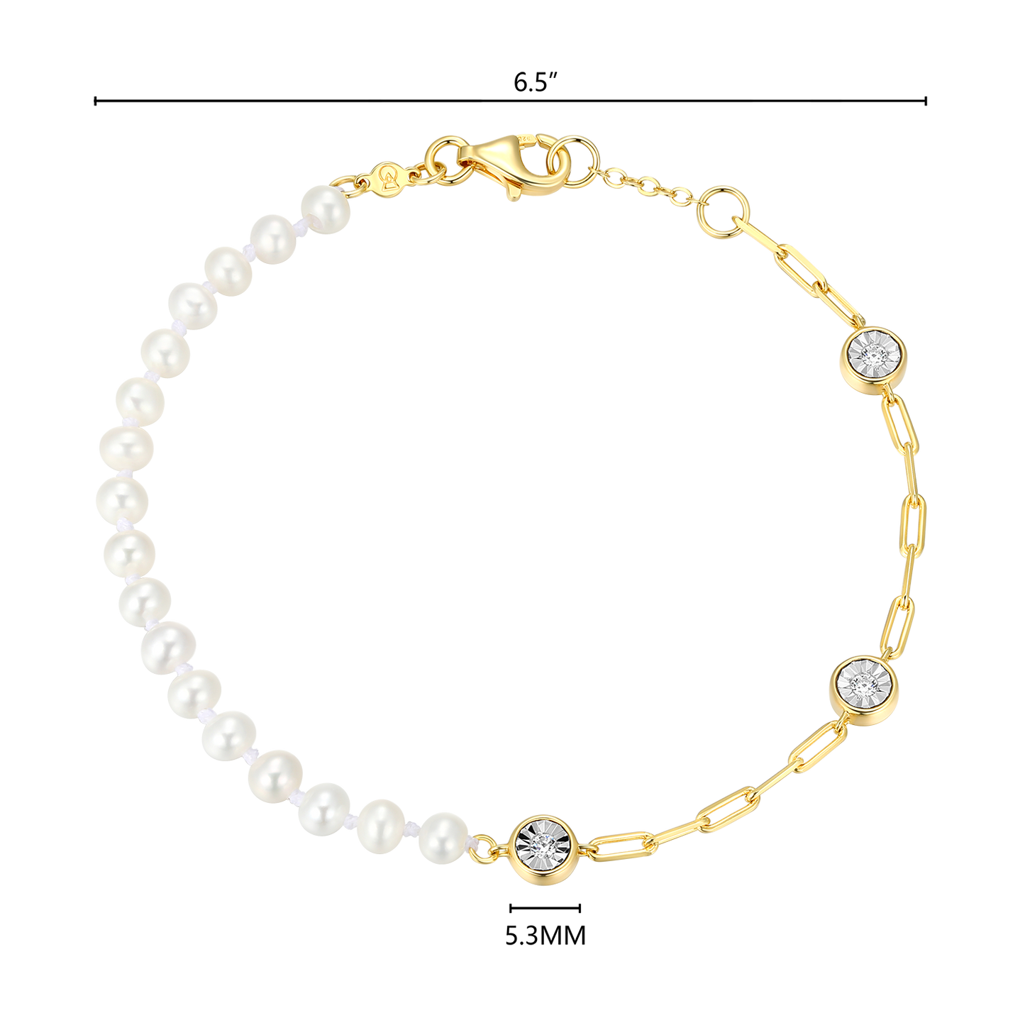 Freshwater Baby Pearl & Lab-Created Diamond Station Paperclip Bracelet in 14K Yellow Gold-Plated Sterling Silver | M by Monte Luna
