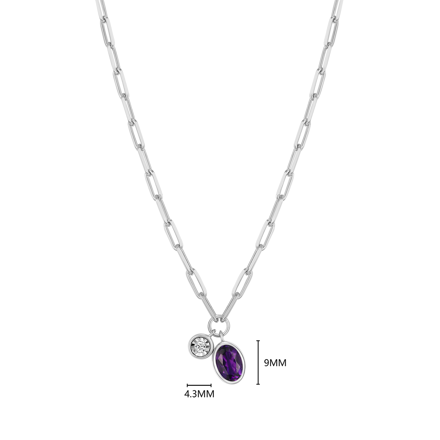 February Birthstone Genuine Amethyst & Lab-Created Diamond Mini Paperclip Necklace in Rhodium-Plated Sterling Silver | M by Monte Luna