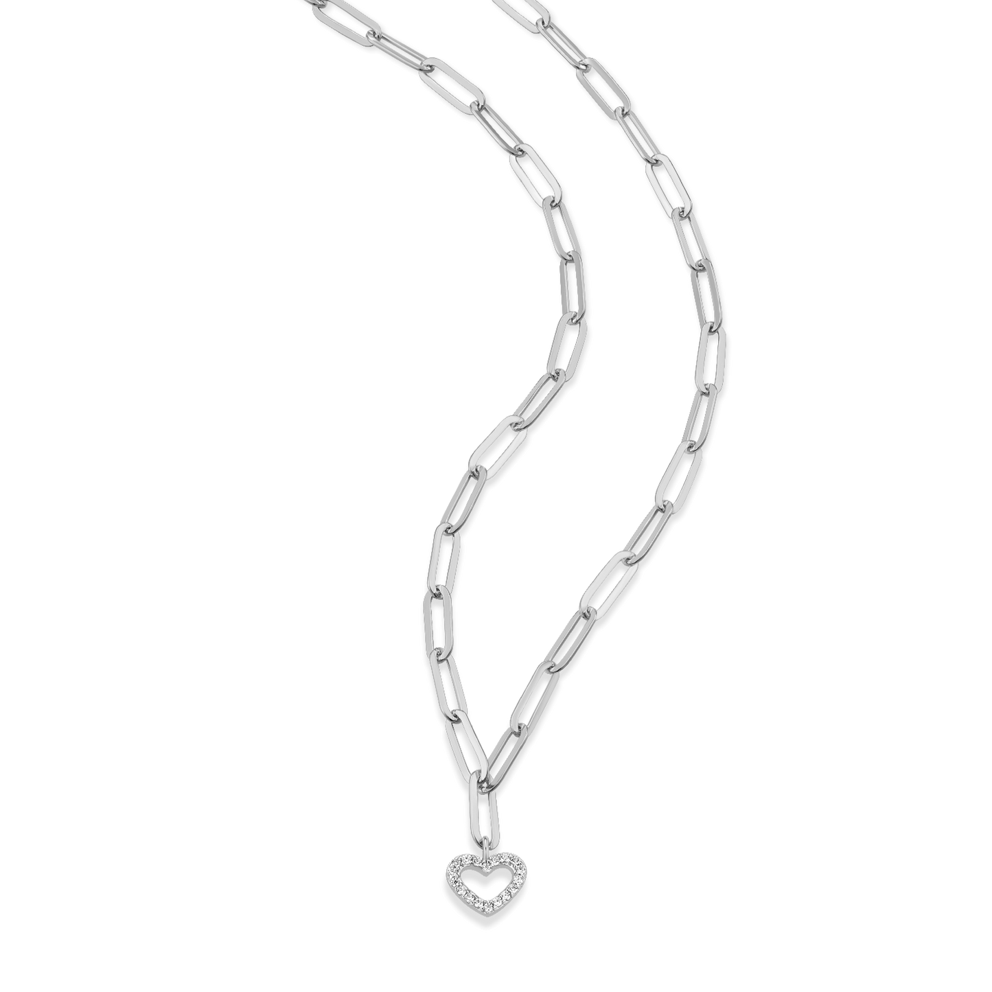 Open Heart Pendant Lab-Created Diamond Paperclip Necklace in Rhodium-Plated Sterling Silver | M by Monte Luna