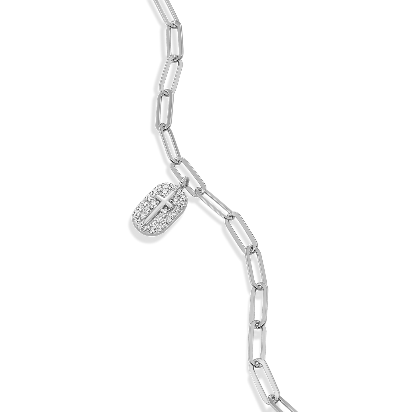 Cross Tag Pendant Lab-Created Diamond Paperclip Bracelet in Rhodium-Plated Sterling Silver | M by Monte Luna