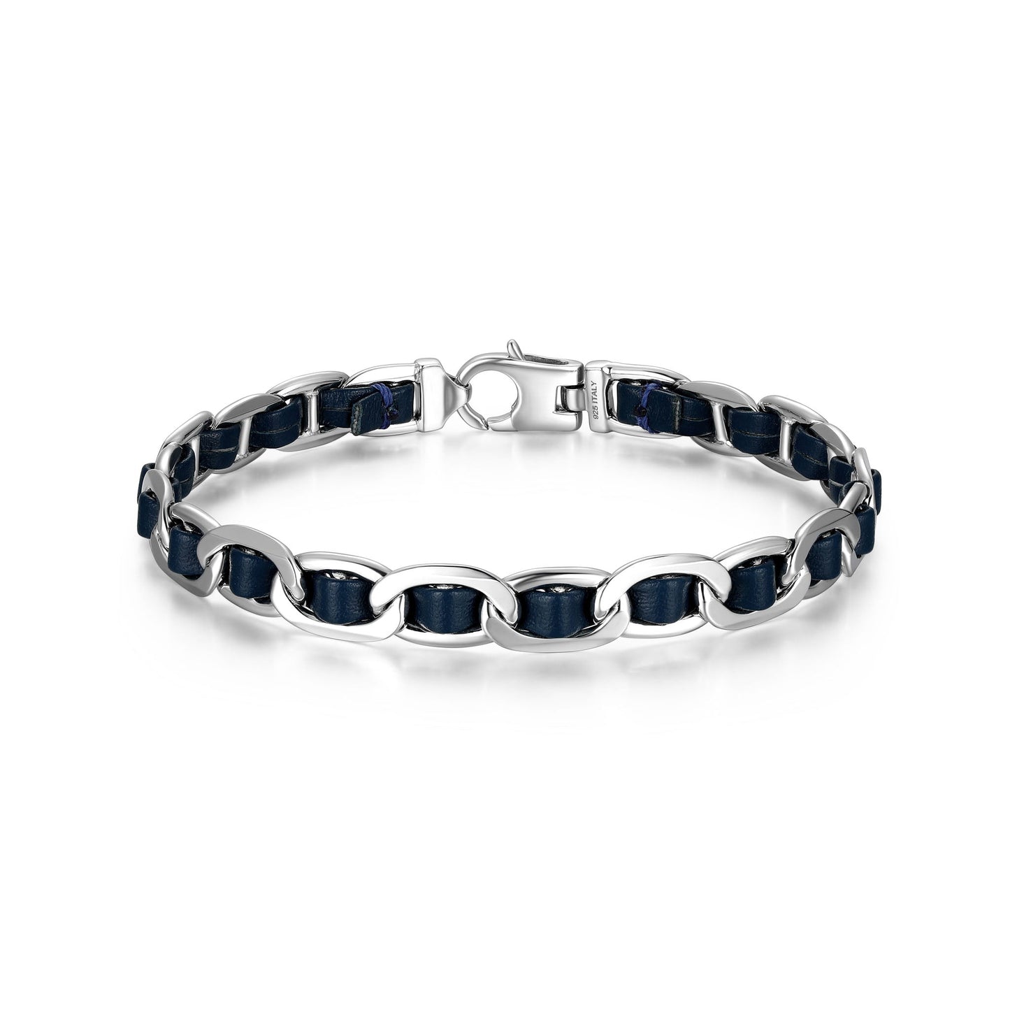 Italian Chain Rhodium Plated Mariner Chain Bracelet with Blue Flat Leather - 7.75" - UB0007S | ethos