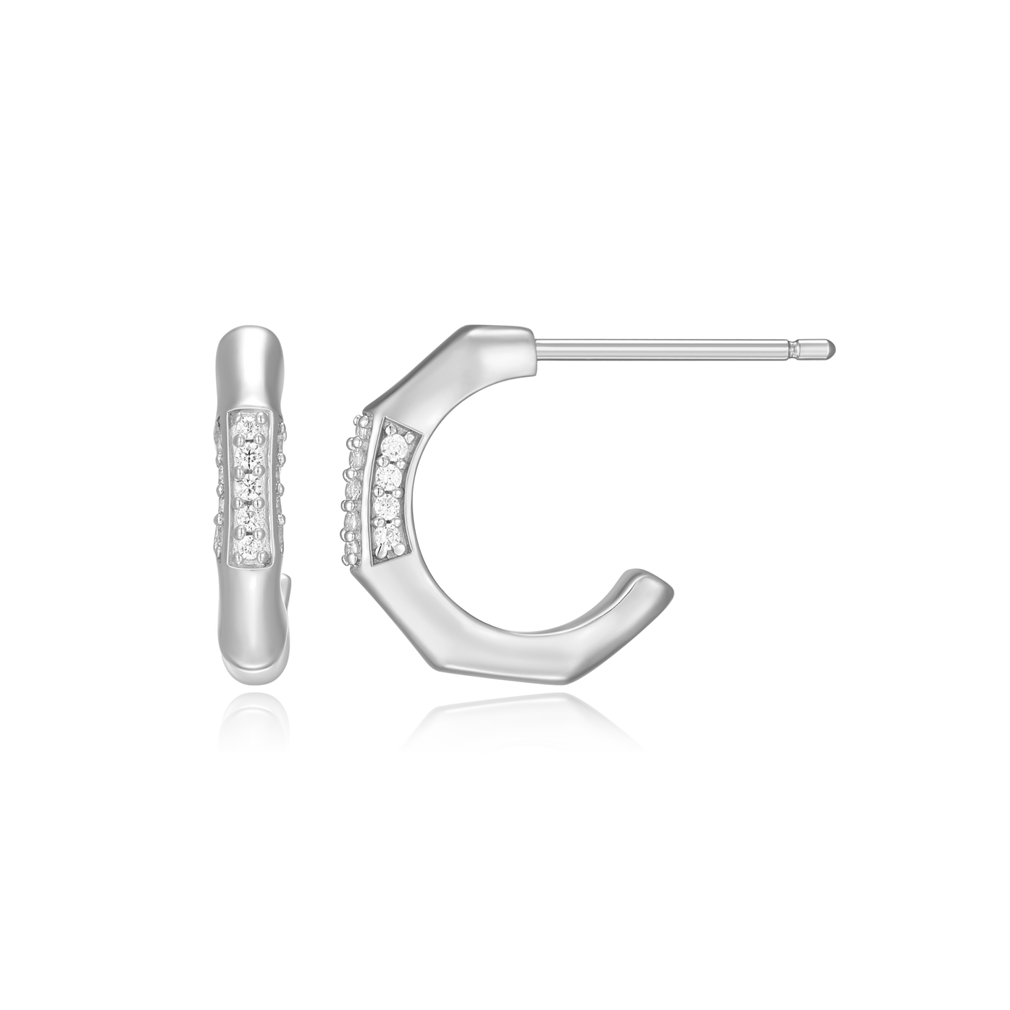 Bamboo J-Hoop Stud Earrings in Rhodium-Plated Sterling Silver | M by Monte Luna