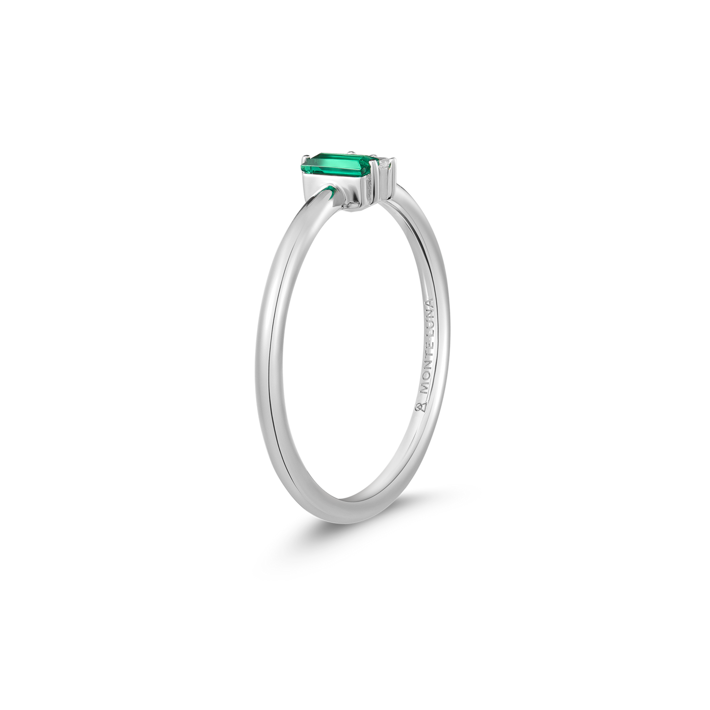 Lab-Created Emerald Baguette & Diamond Round Cluster Ring in Rhodium-Plated Sterling Silver | M by Monte Luna