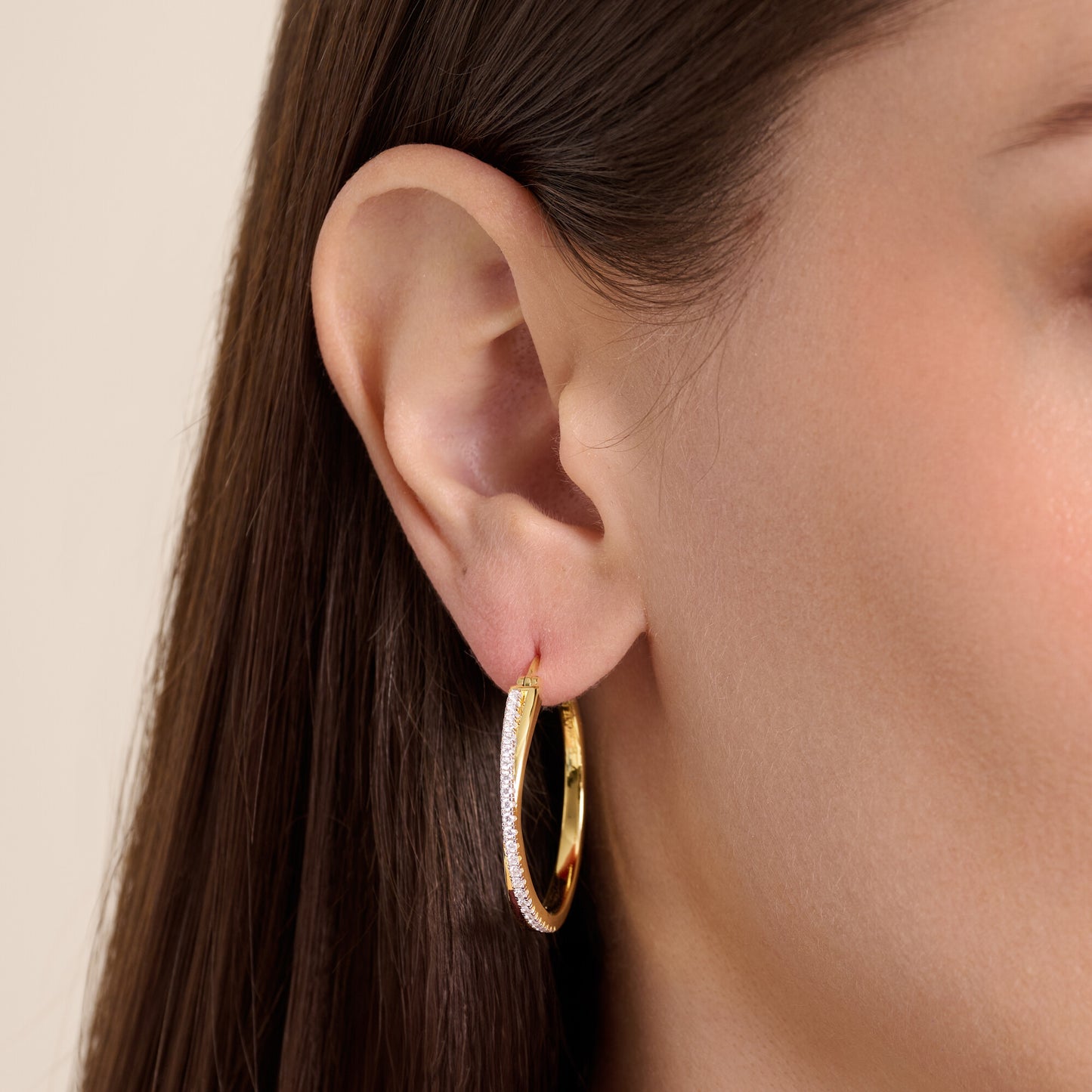 Large Half Pave Twist Hoop Earrings in 14K Yellow Gold-Plated Sterling Silver | M by Monte Luna