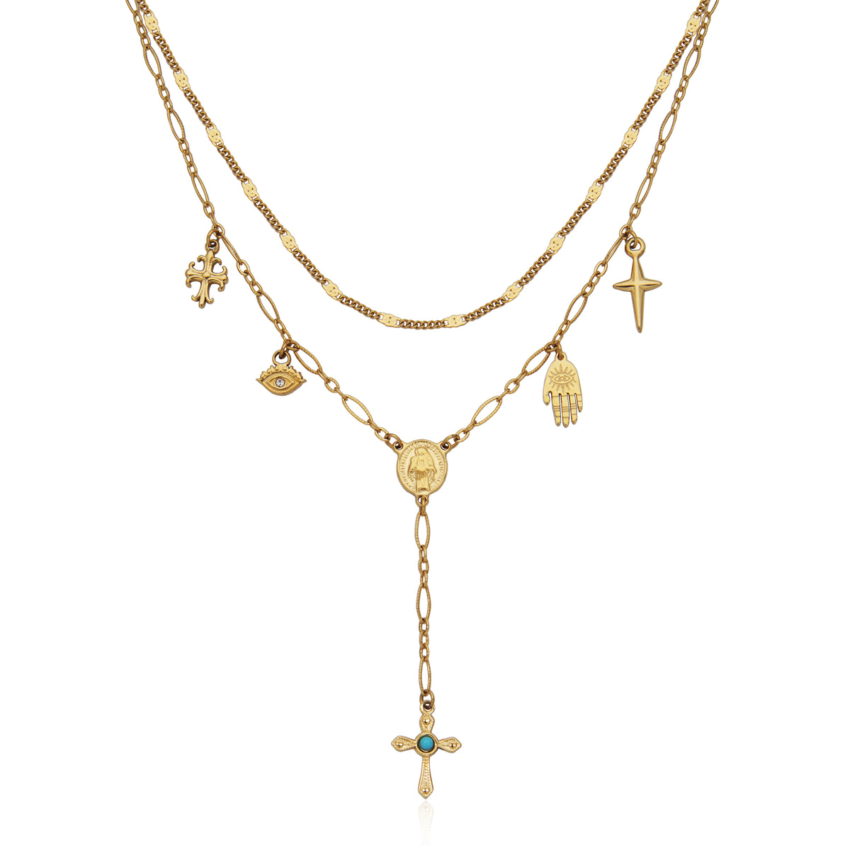 T0XK420217 - Multi-Charm Double Layered Lariat Necklace | steelx