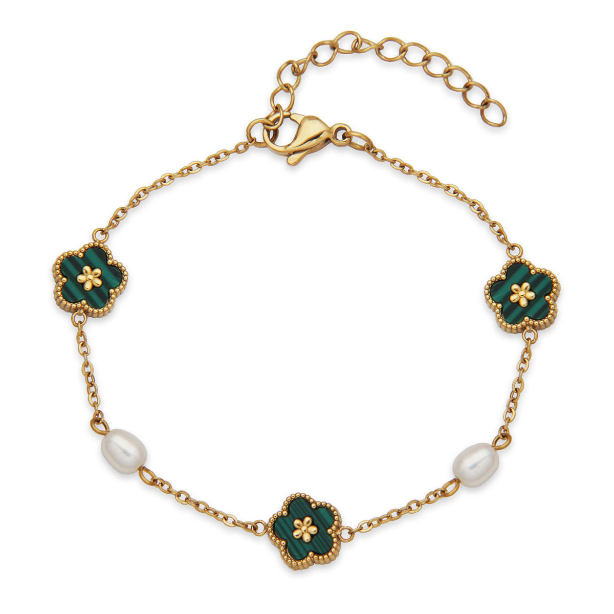 T1XK300265 - Malachite & Freshwater Pearl Station Bracelet | steelx