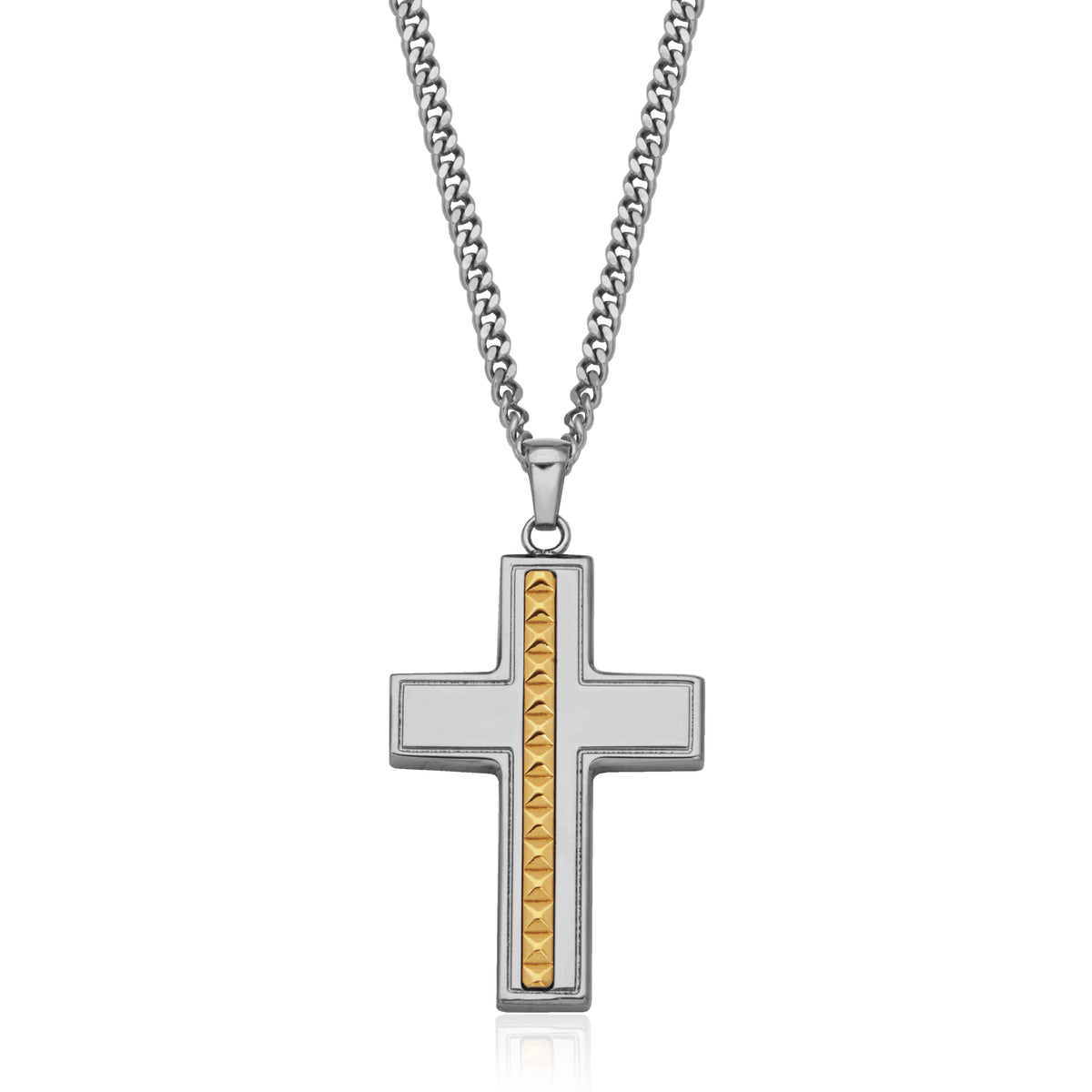T3XJ990122 - Pyramid Stud Inlay Cross Pendant Necklace | steelx