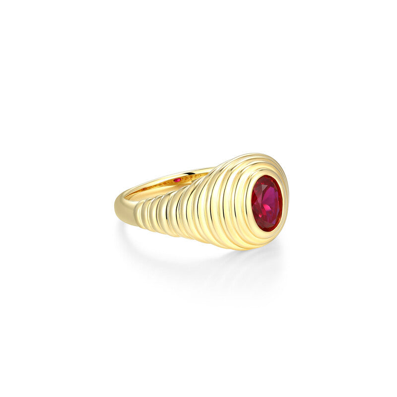 RR0243Y6 - Lab-Created Ruby Ribbed Signet Ring | reign