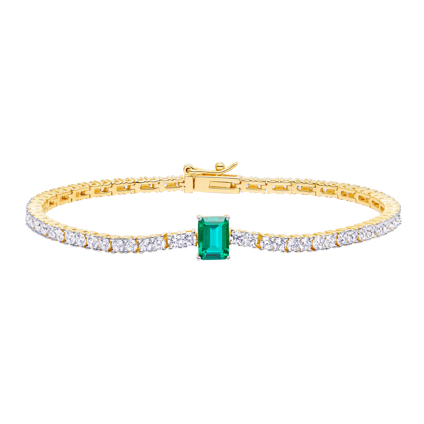 Emerald-Cut Lab-Created Emerald Accent & Diamond Tennis Bracelet in 14K Yellow Gold | Monte Luna