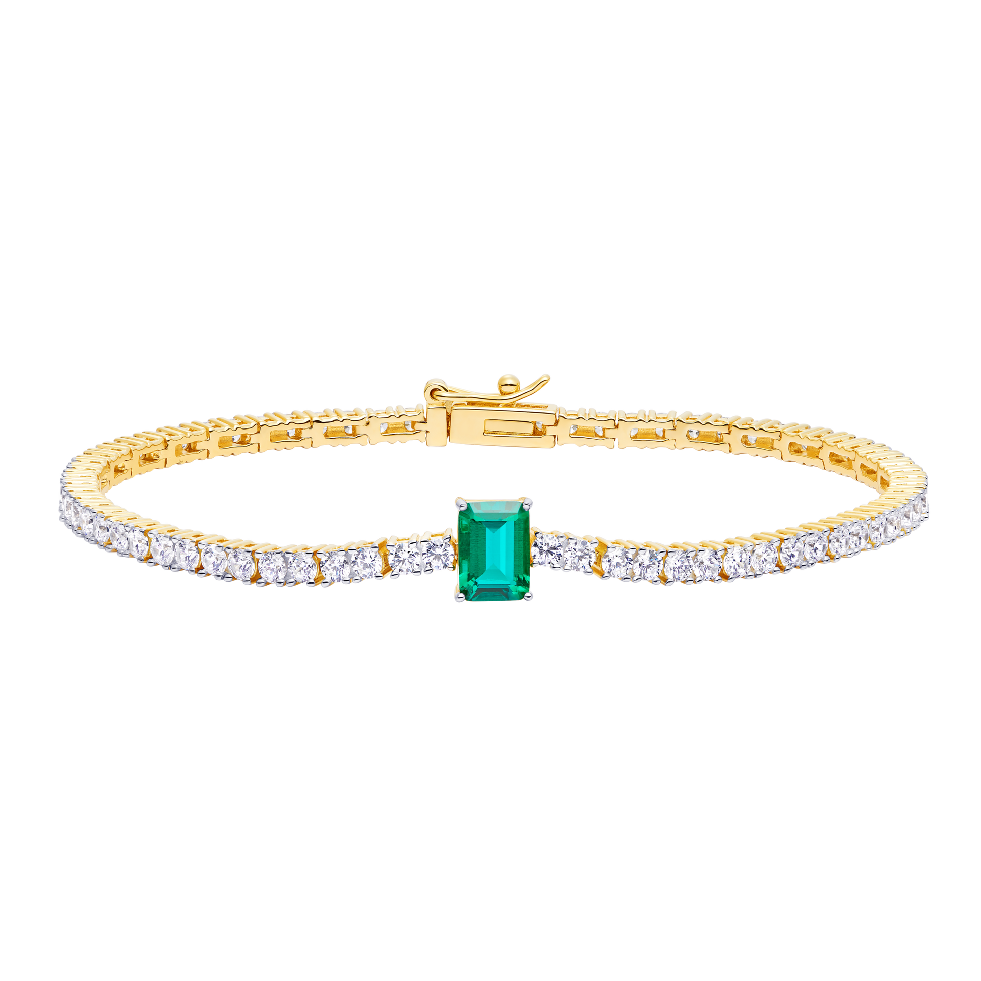 Emerald-Cut Lab-Created Emerald Accent & Diamond Tennis Bracelet in 14K Yellow Gold | Monte Luna