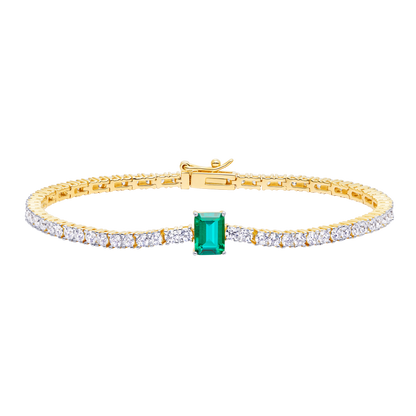 Emerald-Cut Lab-Created Emerald Accent & Diamond Tennis Bracelet in 14K Yellow Gold | Monte Luna