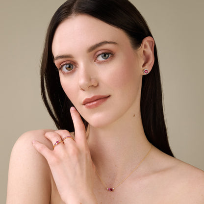 Round-Cut Lab-Created Ruby Halo Stud Earrings in 14K Yellow Gold | Monte Luna