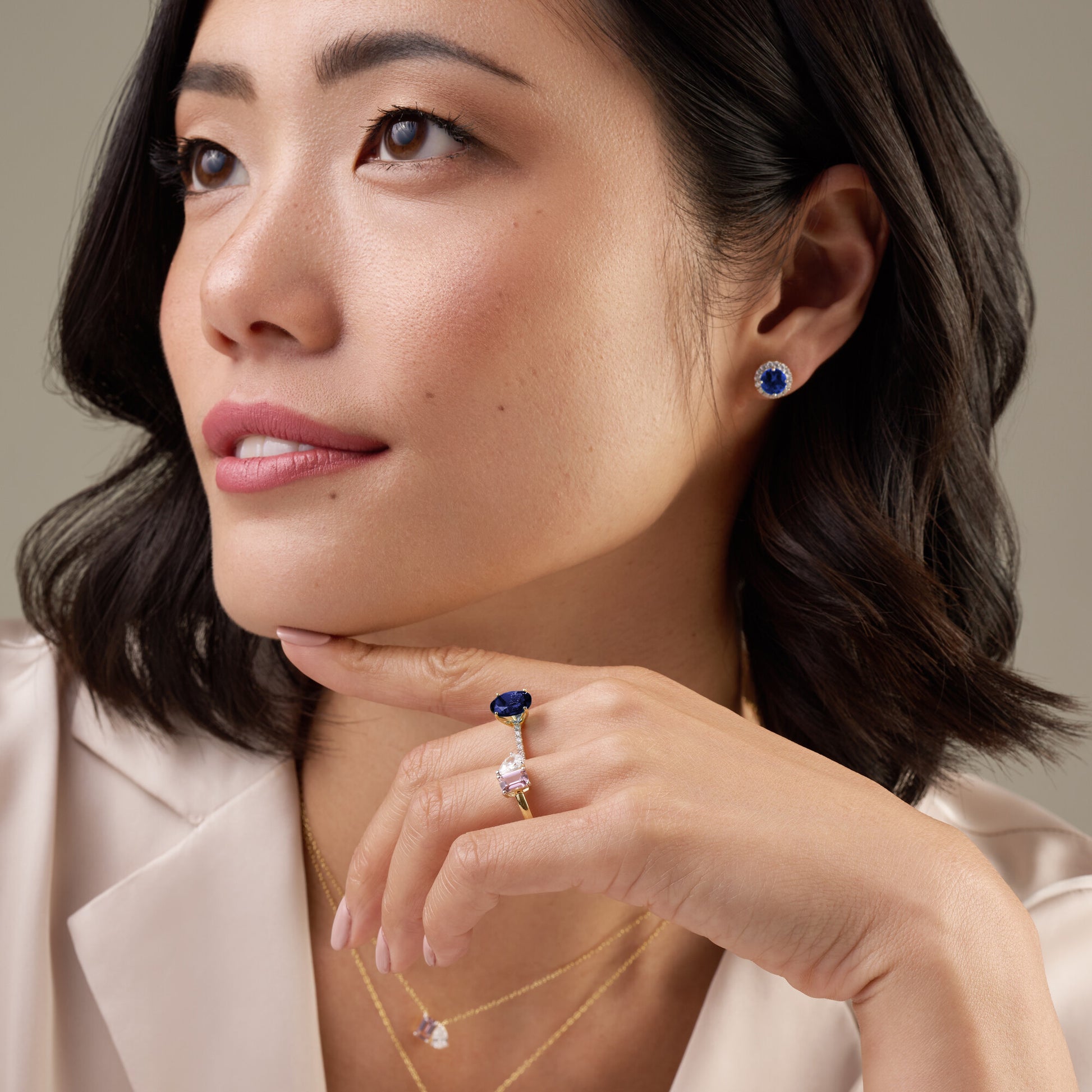 Round-Cut Lab-Created Blue Sapphire Halo Stud Earrings in 14K Yellow Gold | Monte Luna
