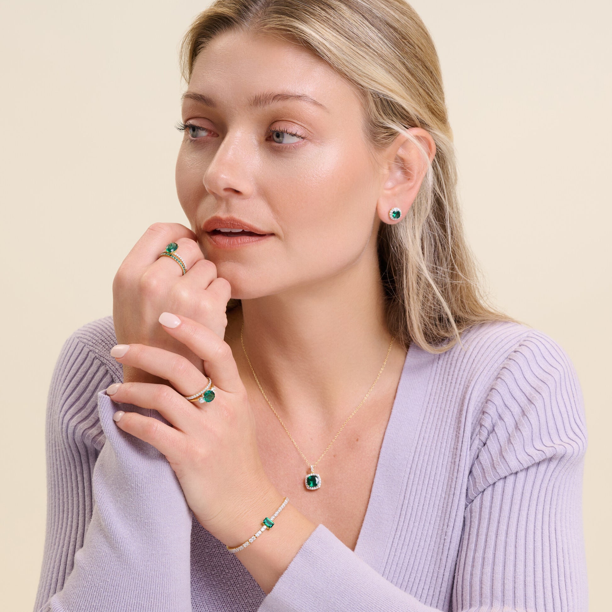 Round-Cut Lab-Created Emerald Halo Stud Earrings in 14K Yellow Gold | Monte Luna