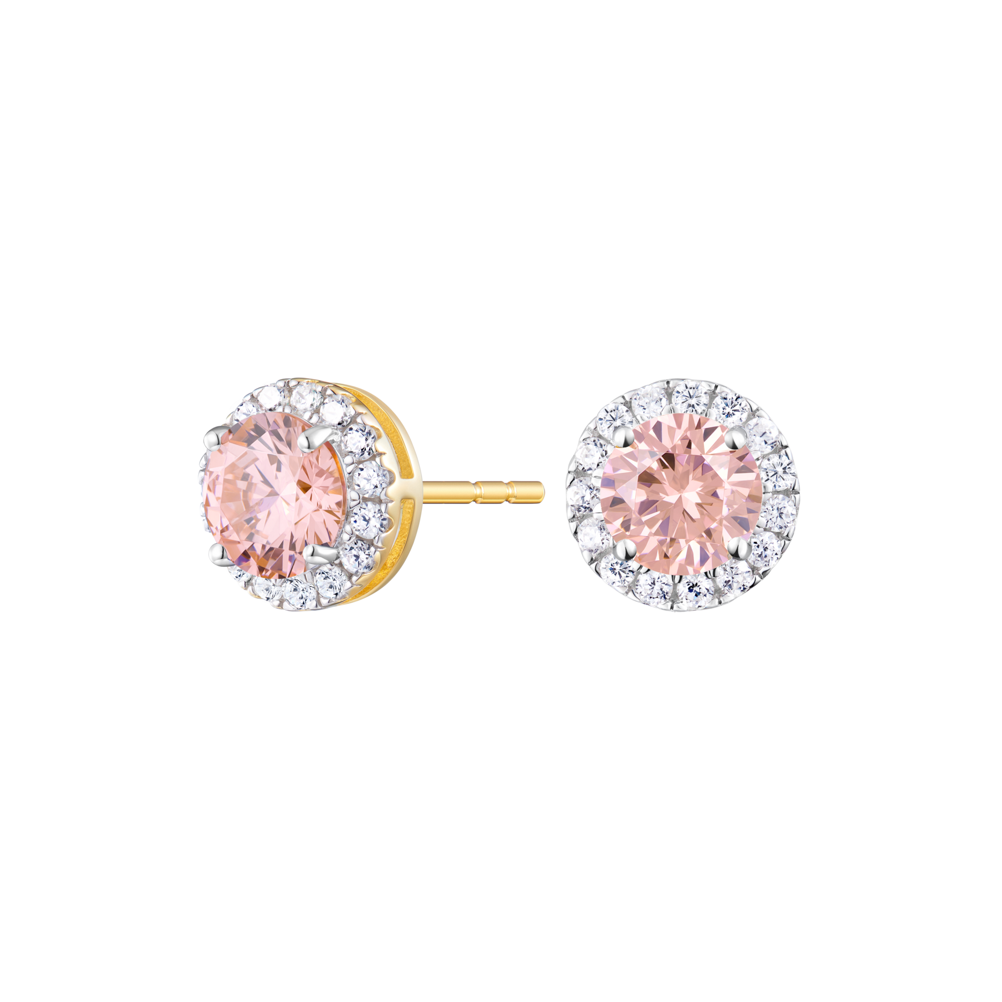 Round-Cut Genuine Morganite & Lab-Created Diamond Halo Stud Earrings in 14K Yellow Gold | Monte Luna