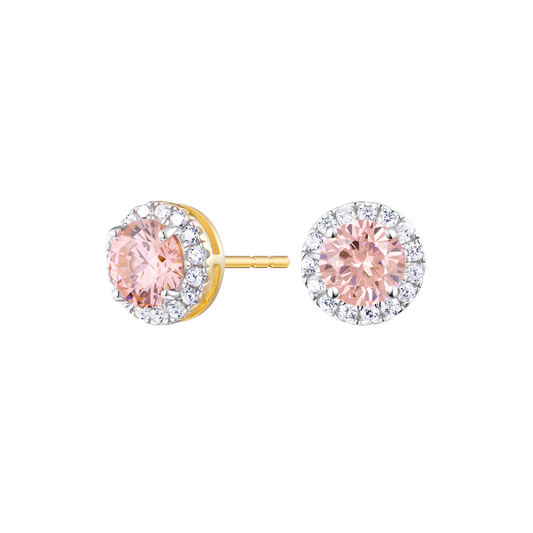 Round-Cut Genuine Morganite & Lab-Created Diamond Halo Stud Earrings in 14K Yellow Gold | Monte Luna