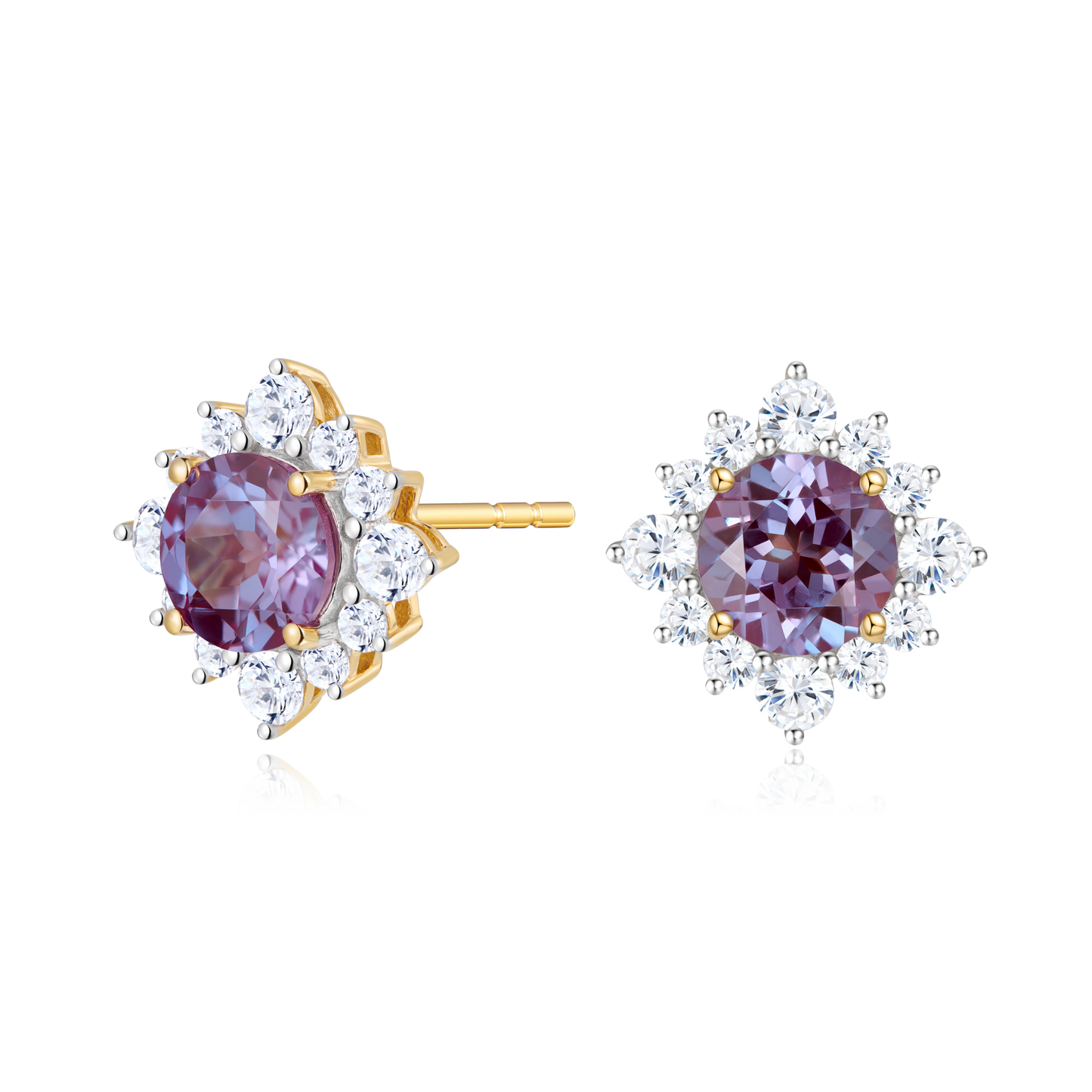 Round-Cut Lab-Created Alexandrite & Diamond Sunburst Halo Stud Earrings in 14K Yellow Gold | Monte Luna