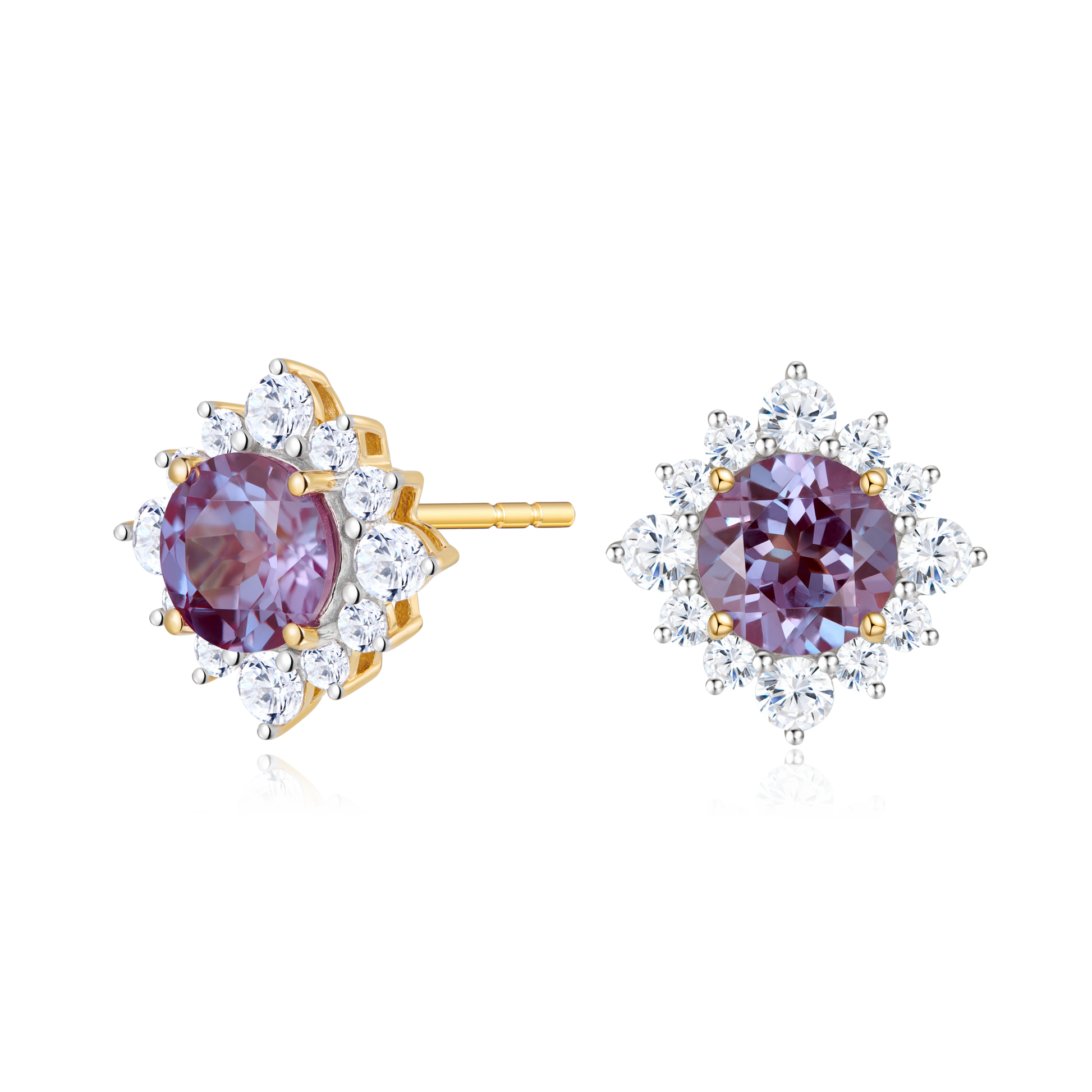 Round-Cut Lab-Created Alexandrite & Diamond Sunburst Halo Stud Earrings in 14K Yellow Gold | Monte Luna