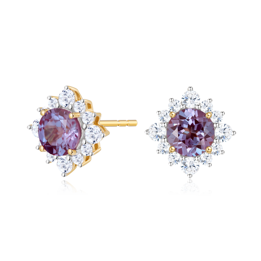 Round-Cut Lab-Created Alexandrite & Diamond Sunburst Halo Stud Earrings in 14K Yellow Gold | Monte Luna