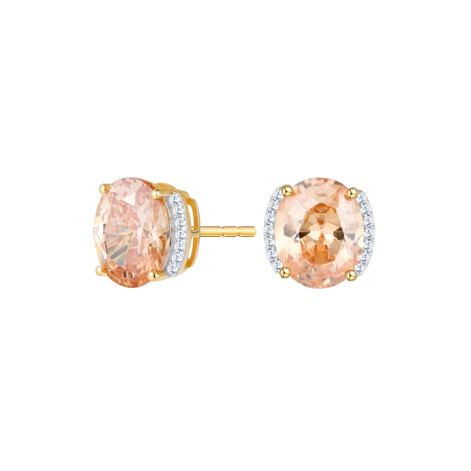 Oval-Cut Lab-Created Padparadscha & Diamond Side Halo Stud Earrings in 14K Yellow Gold | Monte Luna