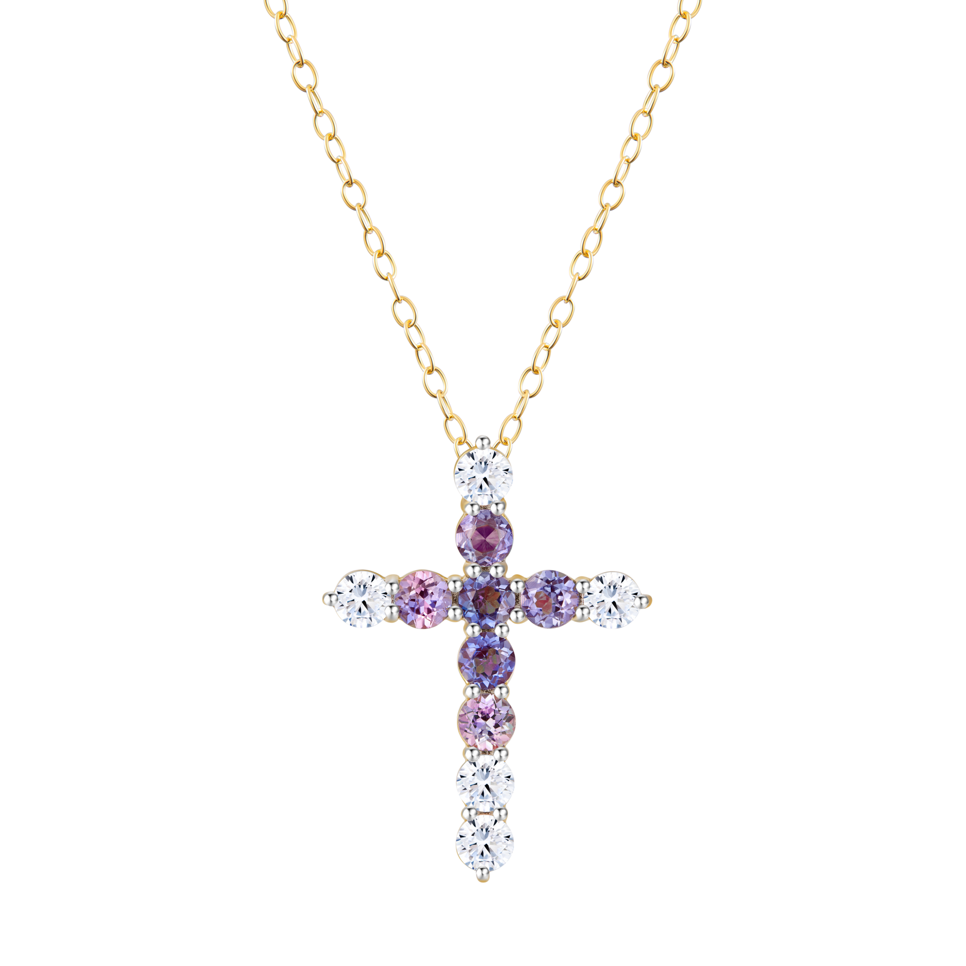 Lab-Created Gemstone & Diamond Cross Pendant Necklace in 14K Yellow Gold | Monte Luna