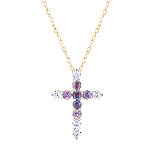 Lab-Created Gemstone & Diamond Cross Pendant Necklace in 14K Yellow Gold | Monte Luna
