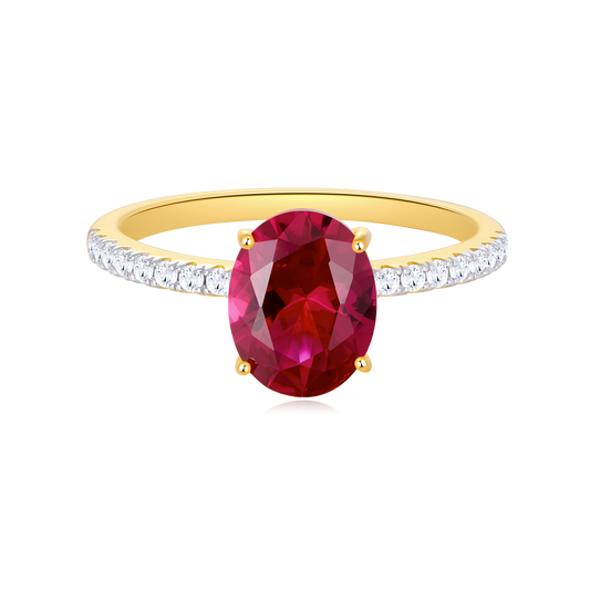 Lab-Created Ruby Oval Solitaire & Lab-Created Diamond Pave Band Ring in 14K Yellow Gold | Monte Luna