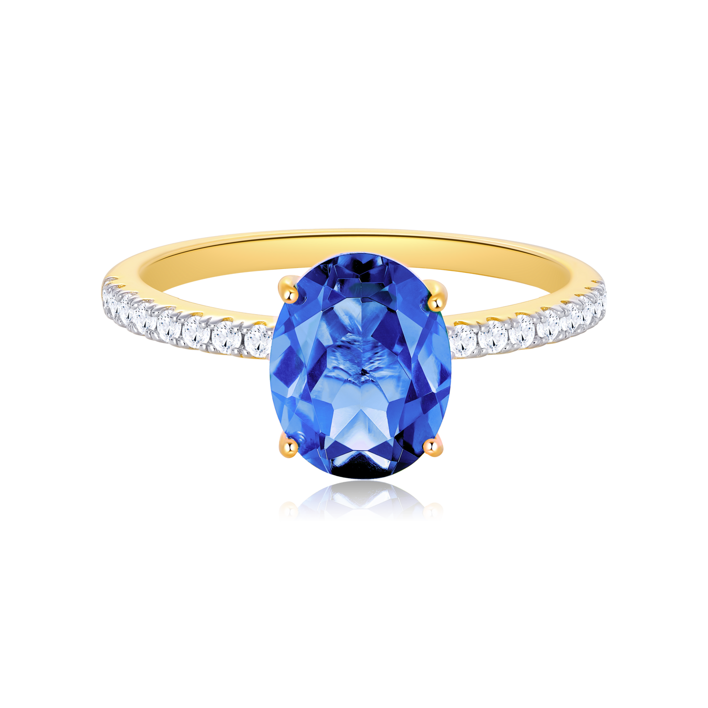 Lab-Created Sapphire Oval Solitaire & Lab-Created Diamond Pave Band Ring in 14K Yellow Gold | Monte Luna