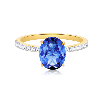 Lab-Created Sapphire Oval Solitaire & Lab-Created Diamond Pave Band Ring in 14K Yellow Gold | Monte Luna