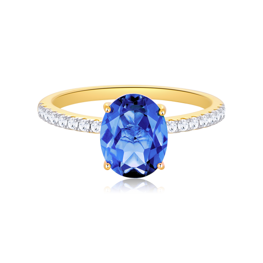 Lab-Created Sapphire Oval Solitaire & Lab-Created Diamond Pave Band Ring in 14K Yellow Gold | Monte Luna