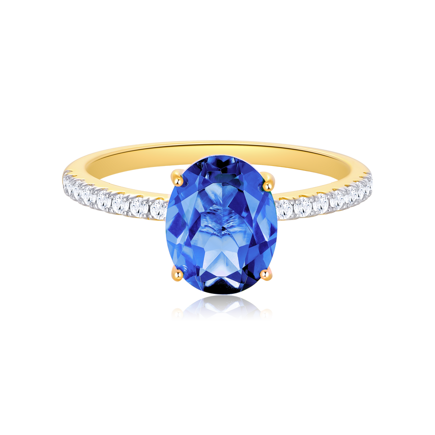 Lab-Created Sapphire Oval Solitaire & Lab-Created Diamond Pave Band Ring in 14K Yellow Gold | Monte Luna