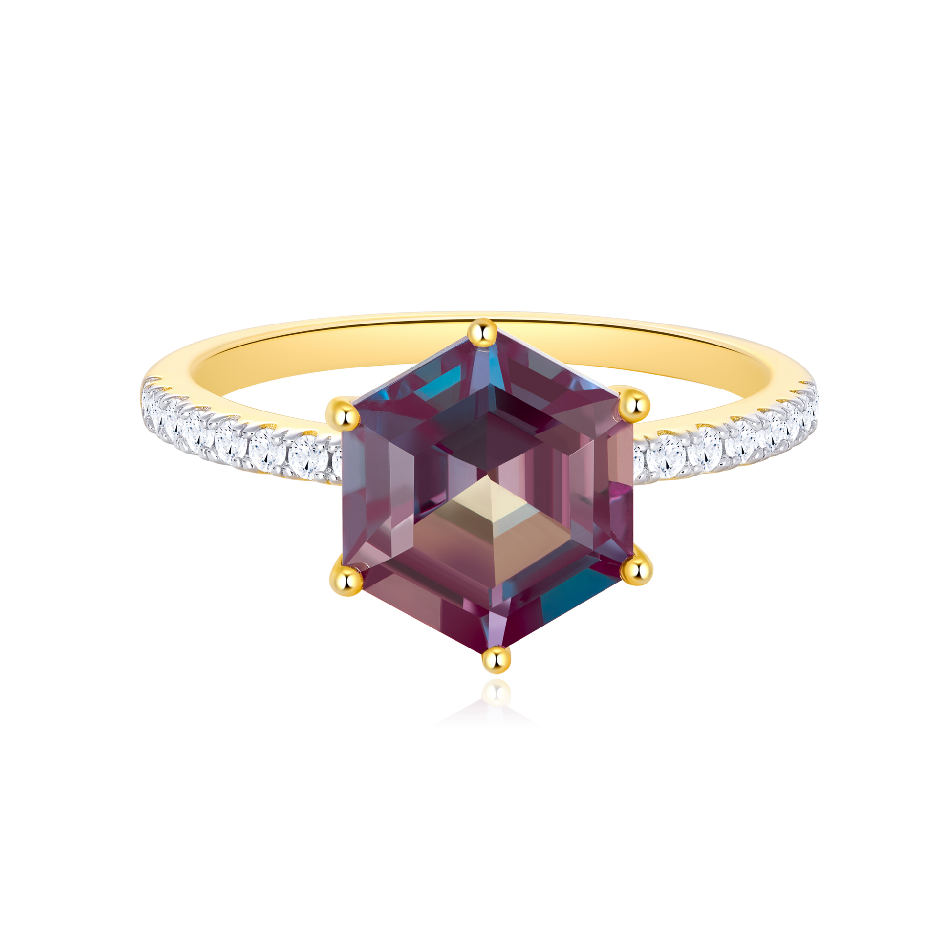 Lab-Created Alexandrite Solitaire & Diamond Pave Band Ring in 14K Yellow Gold | Monte Luna