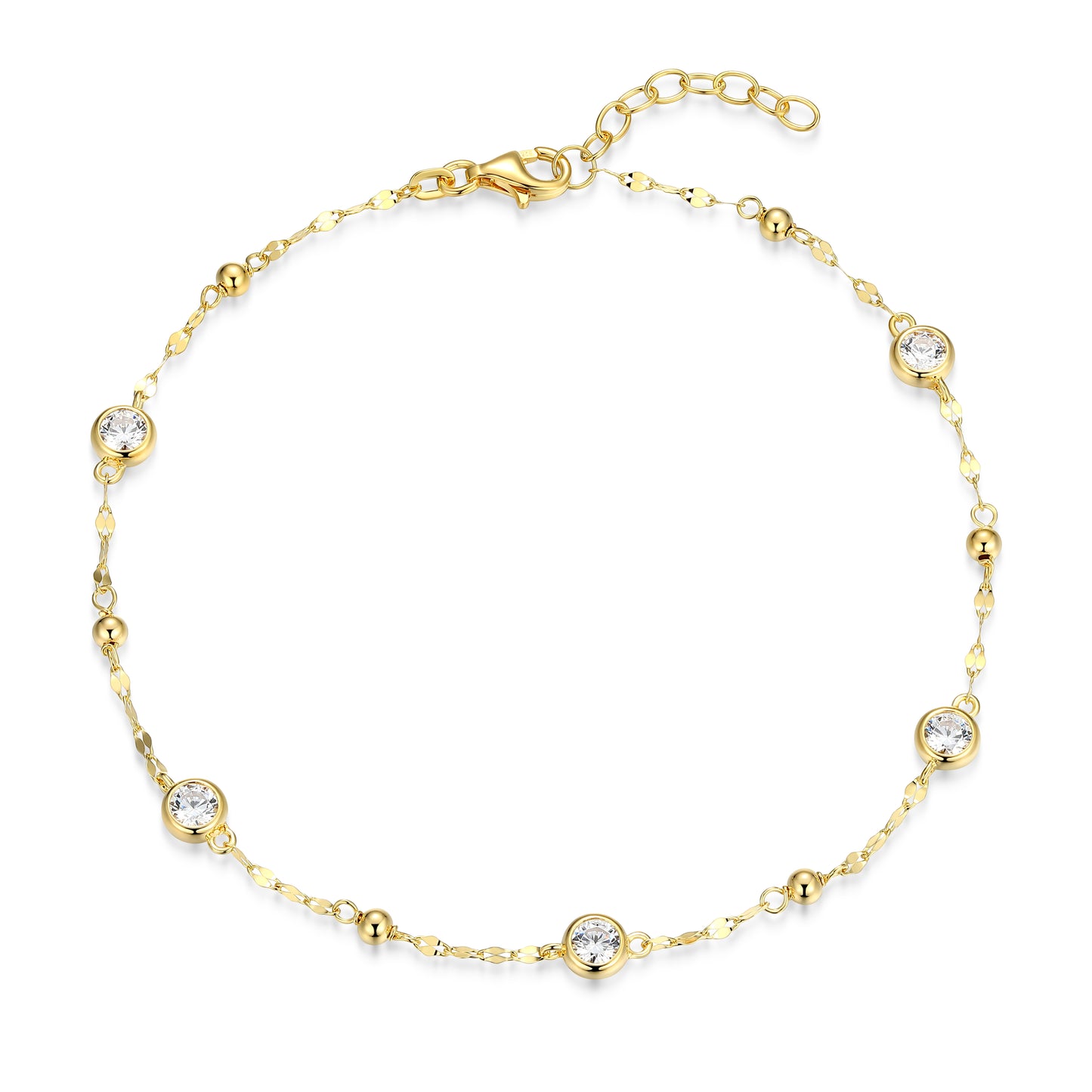 RB0196Y - Bezel Set CZ Stations Beaded Chain Anklet | reign