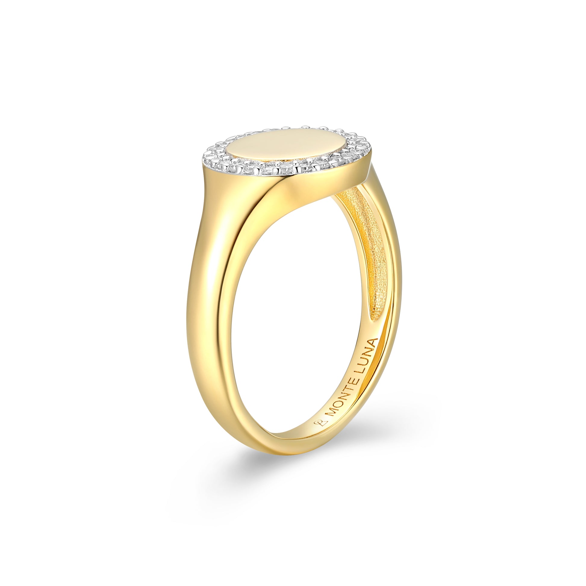 BR0107Y - Lab-Created Diamond Pave-Framed Signet Ring in 14K Yellow Gold-Plated Sterling Silver | m by monte luna