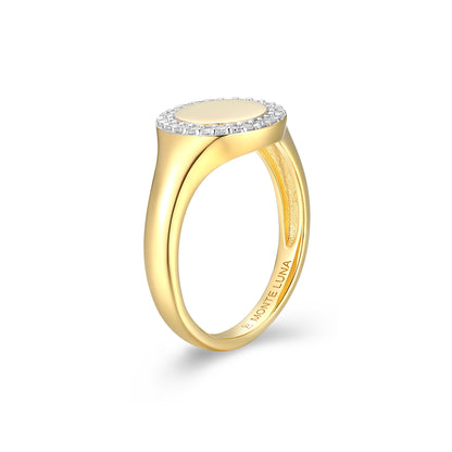 BR0107Y - Lab-Created Diamond Pave-Framed Signet Ring in 14K Yellow Gold-Plated Sterling Silver | m by monte luna