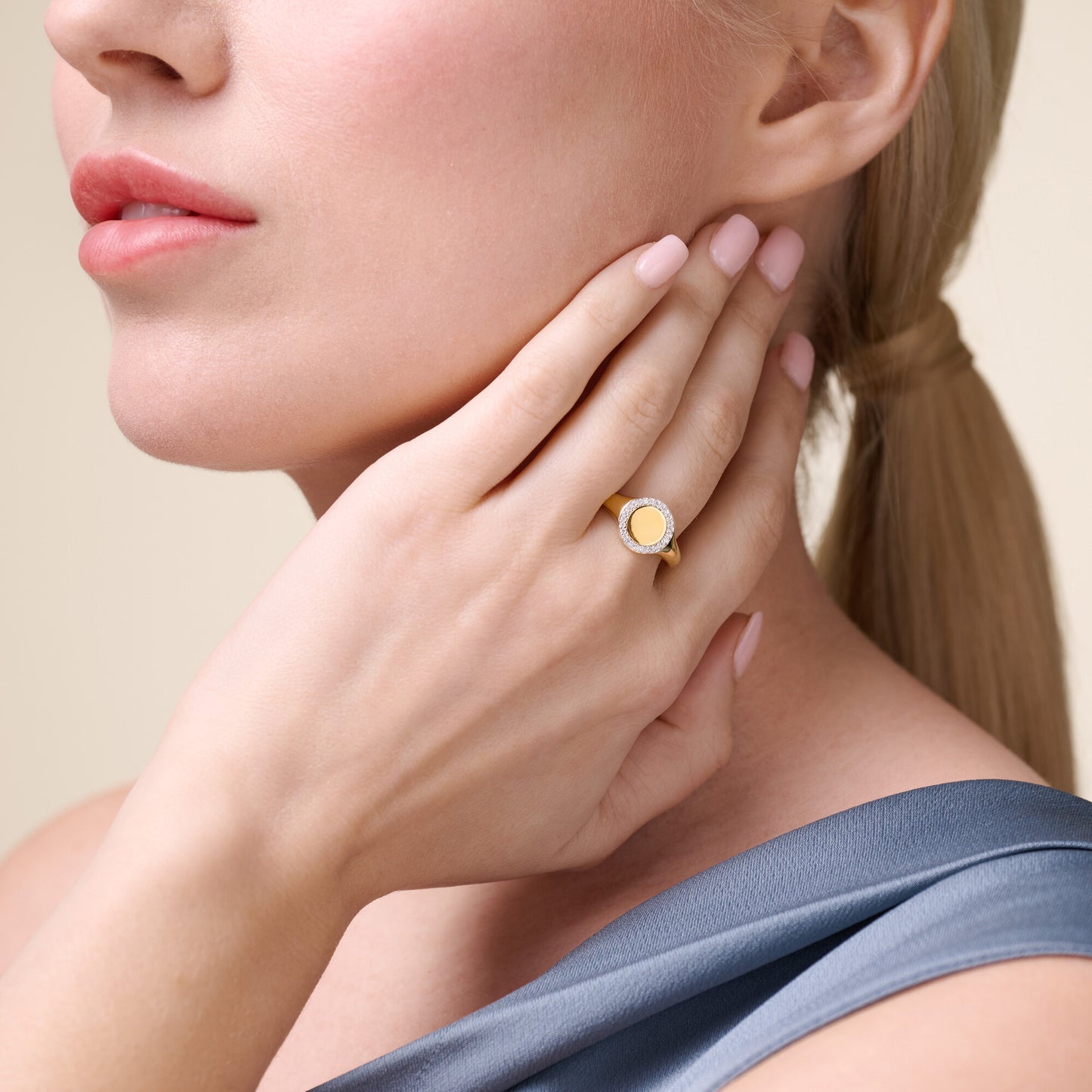 Lab-Created Diamond Pave-Framed Signet Ring in 14K Yellow Gold-Plated Sterling Silver | M by Monte Luna