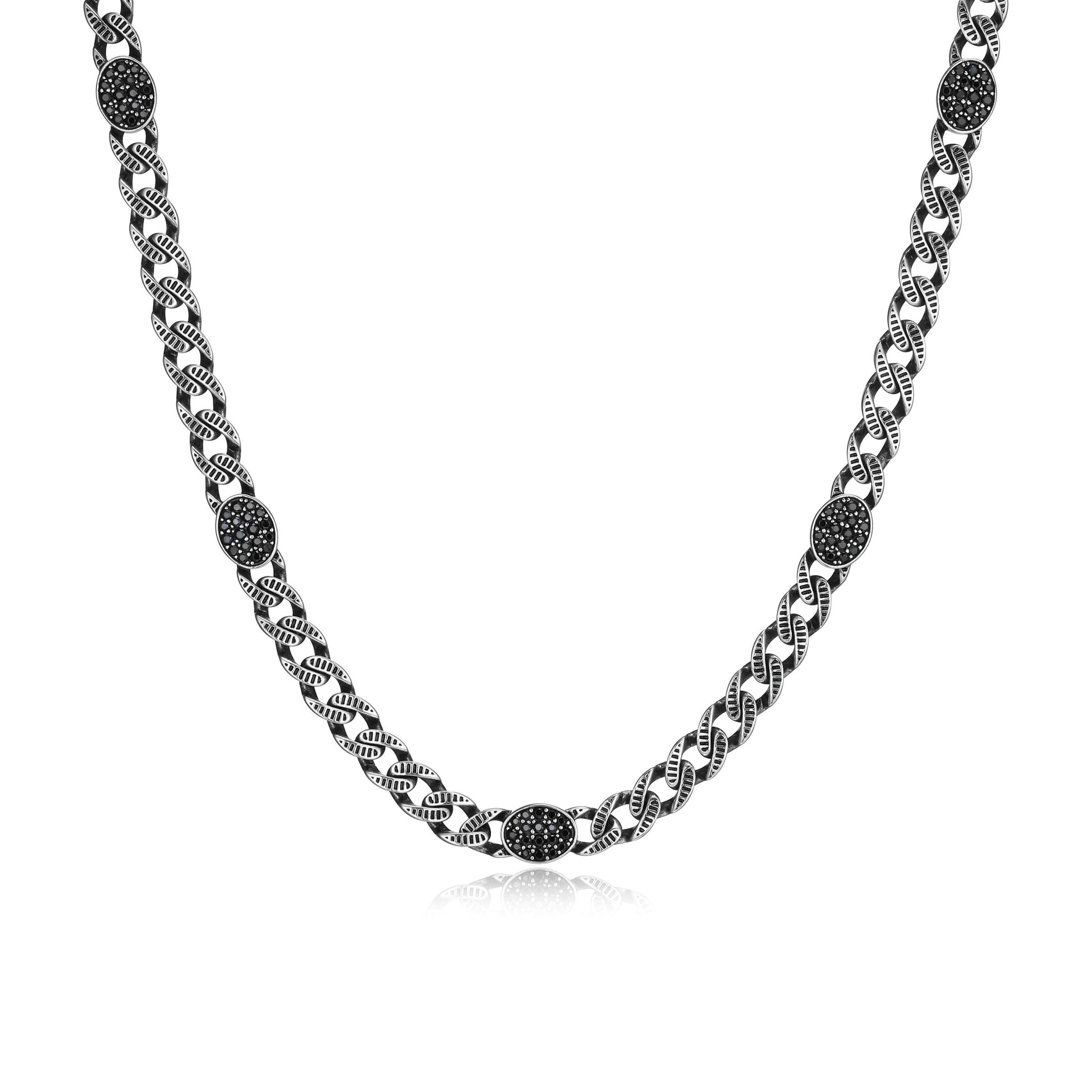 Ridge Cuban Chain with Genuine Black Sapphire Pave Station Necklace in Oxidized Rhodium-Plated Sterling Silver | ethos