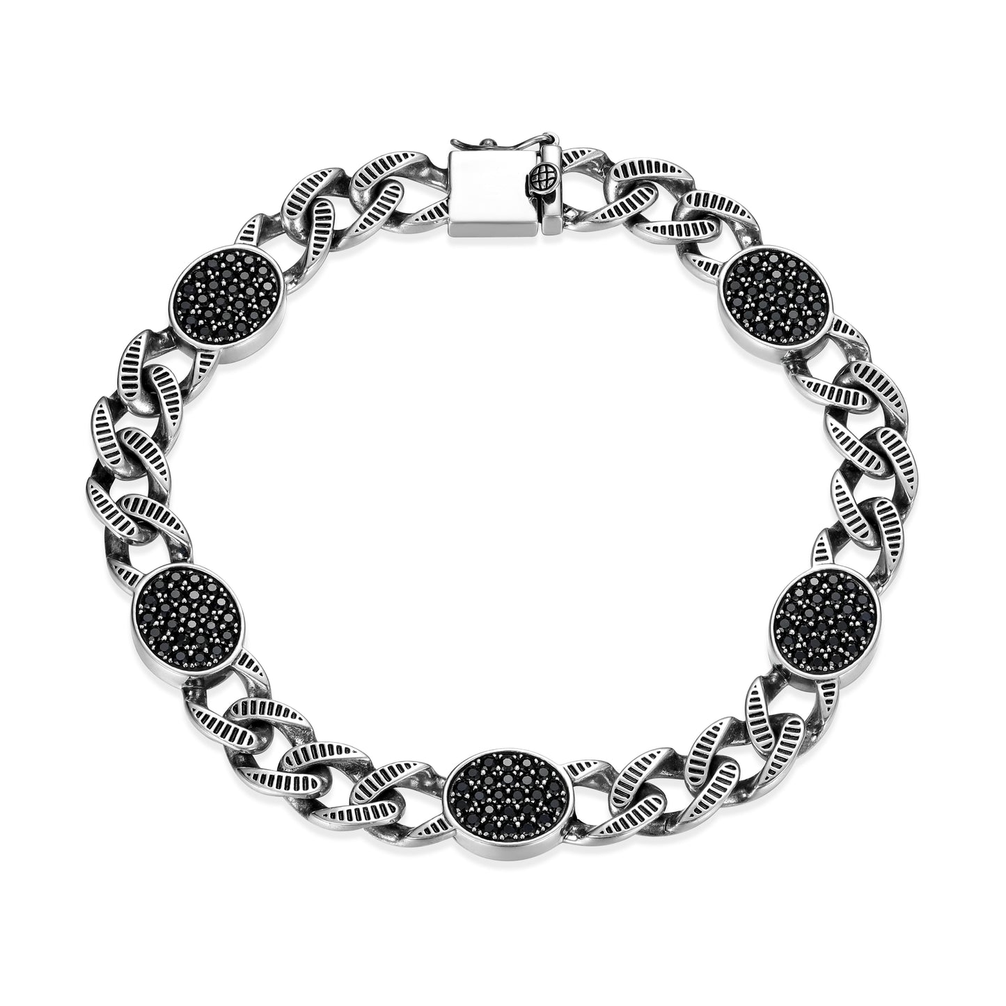 Ridge Cuban Chain with Genuine Black Sapphire Pave Station Bracelet in Oxidized Rhodium-Plated Sterling Silver | ethos
