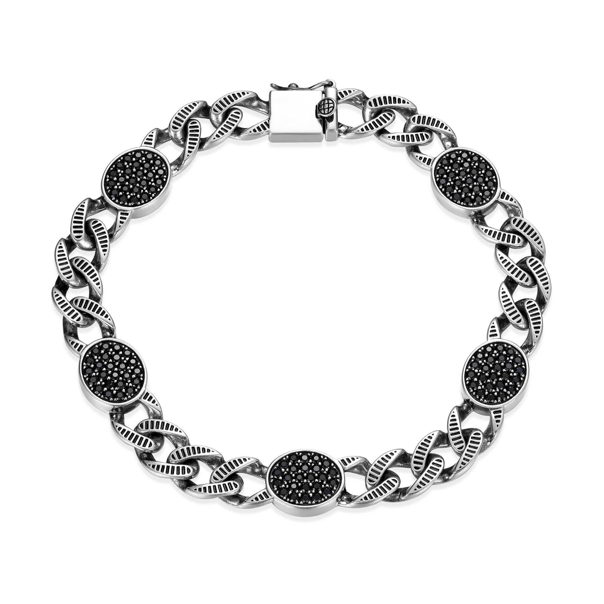 Ridge Cuban Chain with Genuine Black Sapphire Pave Station Bracelet in Oxidized Rhodium-Plated Sterling Silver | ethos