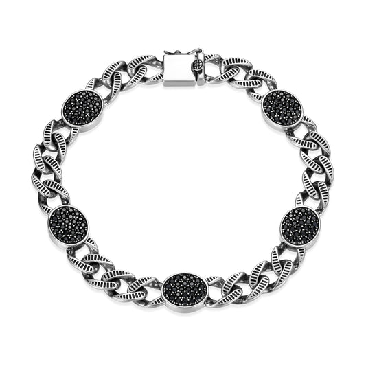 Ridge Cuban Chain with Genuine Black Sapphire Pave Station Bracelet in Oxidized Rhodium-Plated Sterling Silver | ethos