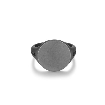 Black Ice Gunmetal Sterling Silver and Black Sapphire Round Signet Ring - UR10 | ethos