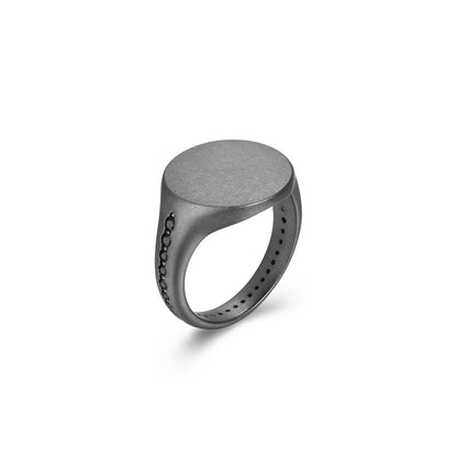 Black Ice Gunmetal Sterling Silver and Black Sapphire Round Signet Ring - UR10 | ethos