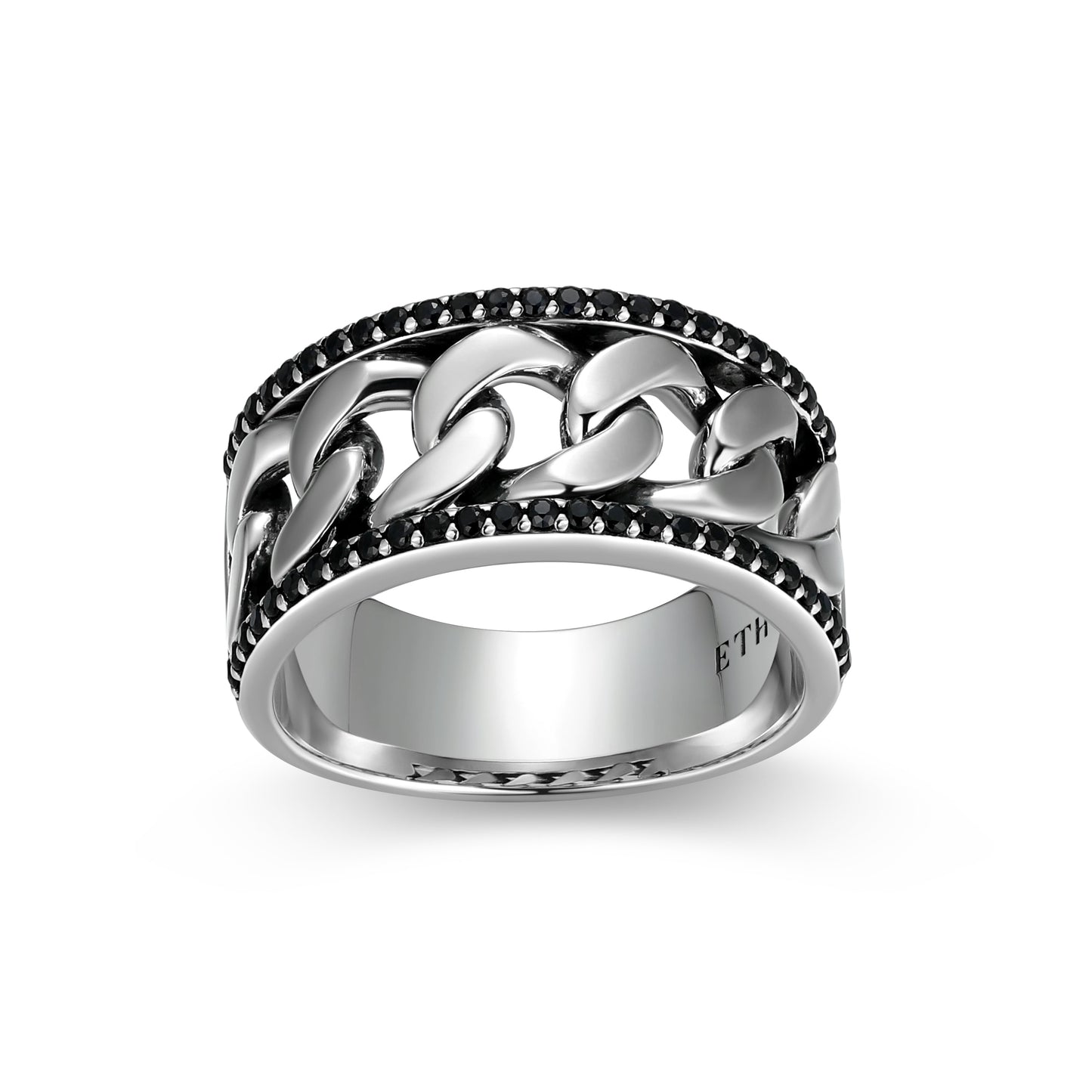 Links Genuine Black Sapphire Framed Cuban Chain Band Ring in Oxidized Rhodium-Plated Sterling Silver | ethos