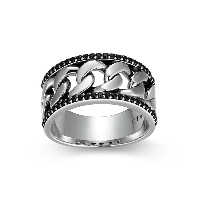 Links Genuine Black Sapphire Framed Cuban Chain Band Ring in Oxidized Rhodium-Plated Sterling Silver | ethos