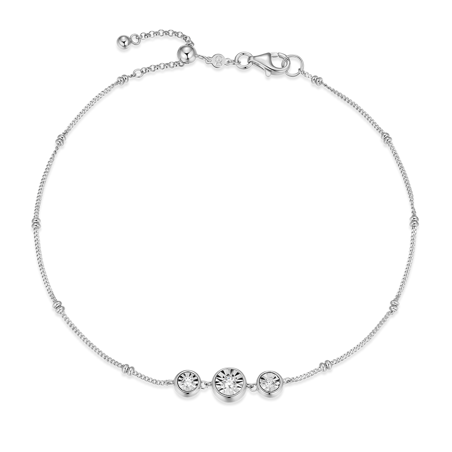 Trio Bezel-Set Lab-Created Diamond Beaded Bolo Anklet in Rhodium-Plated Sterling Silver | M by Monte Luna