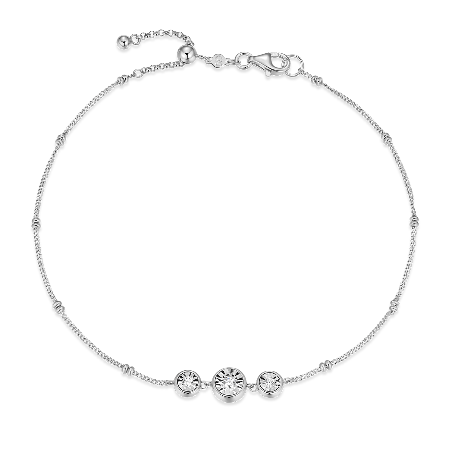 Trio Bezel-Set Lab-Created Diamond Beaded Bolo Anklet in Rhodium-Plated Sterling Silver | M by Monte Luna