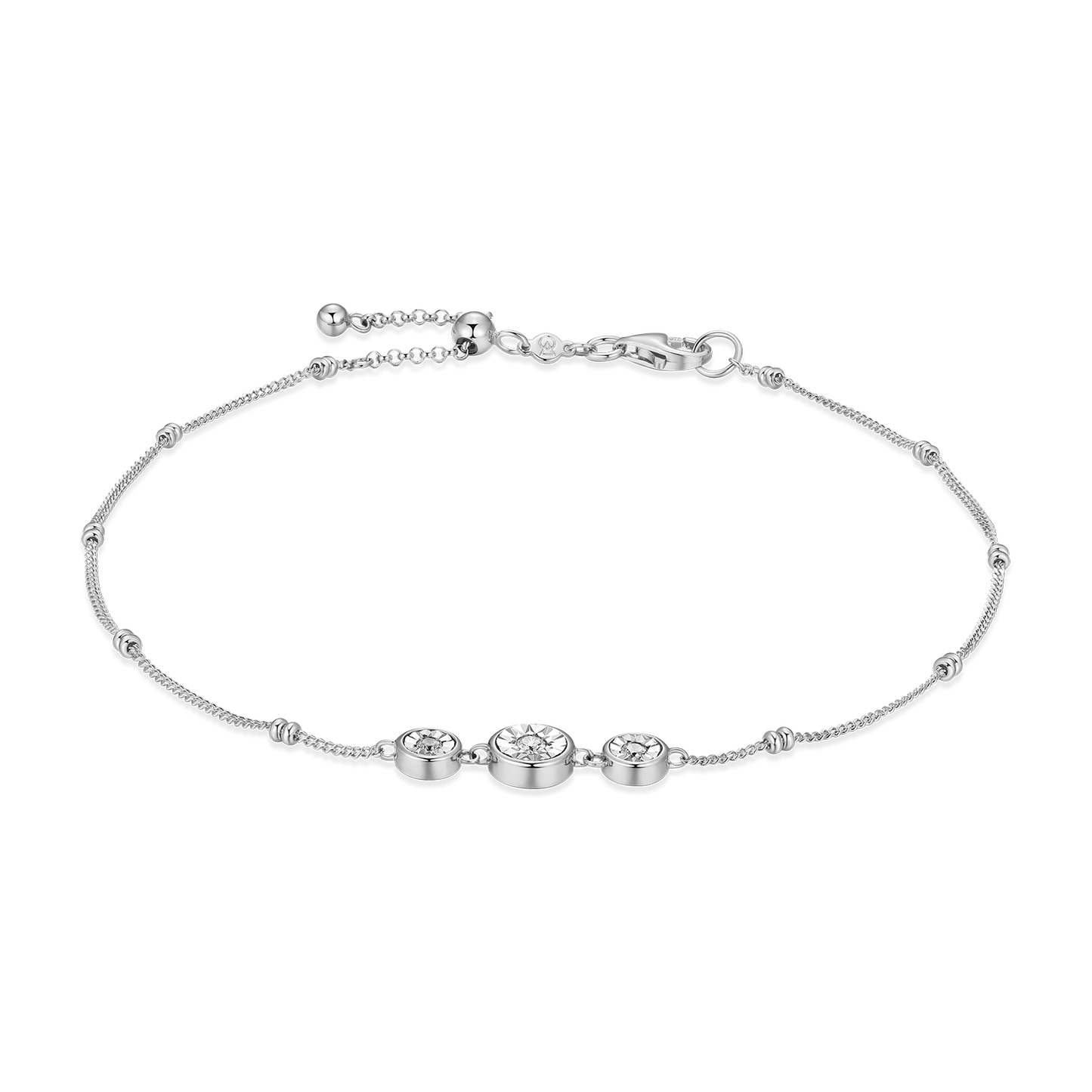 Trio Bezel-Set Lab-Created Diamond Beaded Bolo Anklet in Rhodium-Plated Sterling Silver | M by Monte Luna